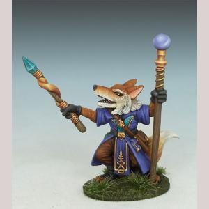 An anthropomorphic fox wizard standing still. He is reaching out with one hand that holds a crystal topped wand. His other hand holds a longer staff with an orb at its top. He is dressed in fine robes and has a bag on a long strap hung over one shoulder.