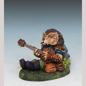An anthropomorphic hedgehog bard sitting on the ground and playing his lute. He is dressed in simple clothes and a pair of sturdy boots. A couple of small bags nestle by his side.