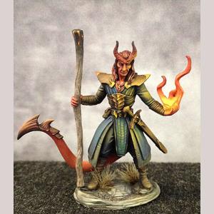 A male demonkin fighter / mage standing still. He is dressed in a short tailored robe, trousers and calf high boots. His spikey tail swishes out behind him. In one hand he holds an upright wooden staff. In the other, magical spellfire twists and crackles.
