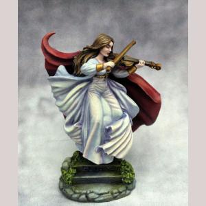 A female human bard playing the violin. She is standing on a low stone step while her long robe and cloak billow around her.