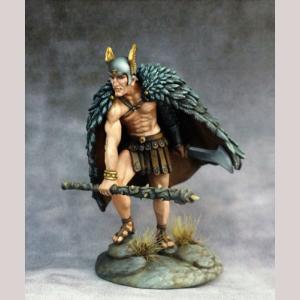 A male human wizard / fighter advancing. He is naked apart from a leather strip skirt around his waist. He wears open sandles on his feet, and a winged helmet on his head. A large cloak made of feathers covers his back to the top of his legs. In his leading hand he carries a horizontal wooden staff. His other hand, almost hidden by the cloak holds a short wide bladed weapon.