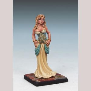 A beautiful female human wizard standing still. She is wearing fine robes that form a bodice and floor lenght flowing skirt. Her arms and the top of her chest and neck are bare. Both her hands are resting by her side.