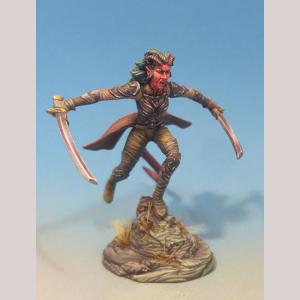 A female demonkin fighter leaping over a rock to attack. She is wearing close fitting clothing with a small back skirt trailing out behind her. She has a metal breastplate and shoulder pauldrons for protection. Each arm is outstretched and holds a sword, ready to fight.
