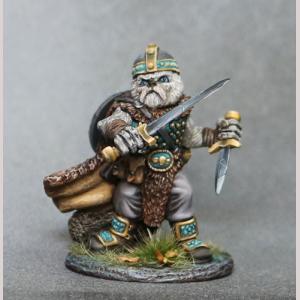 An anthropomorphic persian cat fighter turning. He is wearing a studded leather vest, trousers, boots and an under shirt. A thick fur cloak covers his back and fans out a little as he turns. A helmet protects his head. His sword is raised across his body in one hand. The other is lower and holds a dagger via a reverse grip.