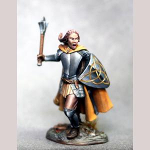 A female human fighter / cleric turning to face her foe. She is dressed in partial plate armour that covers her chest, arms and shins. Beneath this she is wearing trousers and a quilted tabbard. A three quarter length cloak covers her back. One hand holds a heater shaped shield close to her body. Her other hand holds an upward facing mace. Her boots are stout leather and rise to the top of her calves.