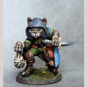 An anthropomorphic female cat thief creeping forward. She is wearing close fitting clothes including trousers, boots and a hood. In one paw she holds a bag of coins, In the other she holds a dagger.