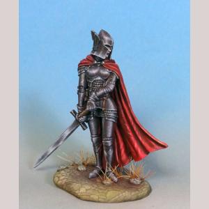 A female human paladin standing still, but casually looking over her shoulder. She is dressed in full plate armour and a semi open faced helmet. A full lenght cloak covers her back and reaches down to the ground. She is holding the hllt of a two handed sword with both hands. The blade slopes gently downward and away from her body.