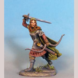A female human ranger walking forward. She is wearing a knee length robe with a chainmail tunic over the top. A three quarter length hooded cloak covers her head and back. She has calf high leather boots on her feet. One arm is low by her side and carries her bow. Her other hand is raised above her head and holds her sword, as if ready to strike.