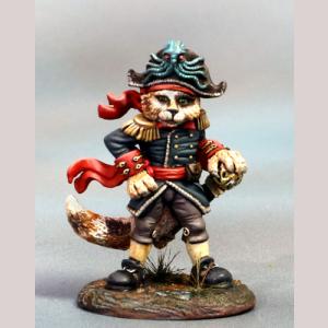 An anthropomorphic cat pirate standing still. He is wearing an 18th century navel officers uniform complete with gold braid and buckle shoes. A sash wraps around his waist, and a headscarf pokes out from under his tricorn hat. One hand rests on his hip, the other on the hilt of his sheathed sword.