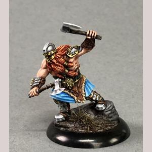 A muscular, bearded male dwarf berserker rushing forward. He is bare chested but wears a short skirt around his waist. His boots are high and armoured. A full helmet protects his head. He brandishes a single bladed axe in each hand.