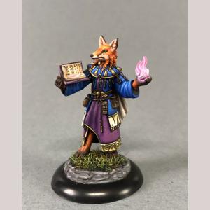 A male kitsune mage standing still. He is dressed in a fine robe, sash and ornate collar. In one hand he holds an open spellbook. In the other, magical spellfire burns in his open hand.