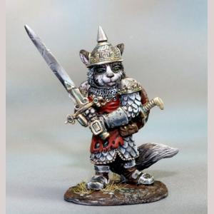 An anthropomorphic cat warrior turning to face a foe. He is clad in full scale mail armour, pointed helmet and pauldrons. A shield is strapped to his back while he holds a great sword in both hands.