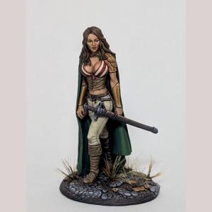 A female human rogue walking forward. She is dressed in a crop top, trousers and leather boots. She has pauldrons on one shoulder and bracers on both arms. On her waist she carries a sheathed longsword. A long cloak covers her back.