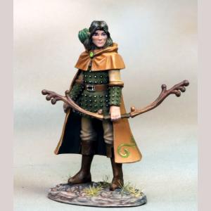 A male elf ranger standing still. He is wearing a studded leather shirt, ordinary trousers and knee high leather boots. A three quarter length cloak covers his back. A quiver is strapped high on his back. He holds his bow in one hand, at arms length in front of him.