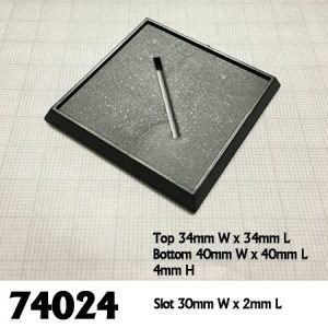 A 40mm square black plastic gaming base, with diagonal slot.