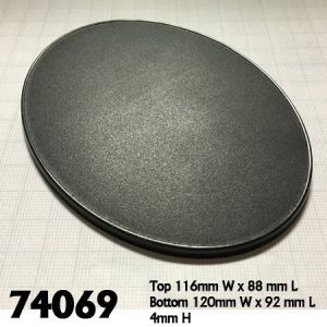 A 120 x 92mm oval black plastic gaming base.