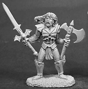 A male undead vampire wearing partial plate armour, mostly shaped like bat wings. In one hand he holds a large two handed sword with a bat wing motiff cross guard. In his other hand he holds a short handled, single bladed axe.