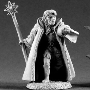 A young male human wizard advancing. He wears fine clothing, shirt, trousers and knee high boots. Over it all is a thick, floor length great robe with an ornate edging. In one trailing hand he holds a long slender staff with a star shaped motif at its top. His other hand is outstretched, as if casting a spell.