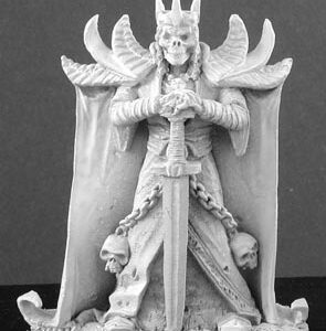 An undead skeleton warrior standing still. He wears fine but faded floor length robes with skulls hanging from the sides by chains. He also wears long shoulder pauldrons from which hang an impressive cloak. This garment serves to frame his entire body. The pauldrons are highly ornate with three sections each that curl upwards.