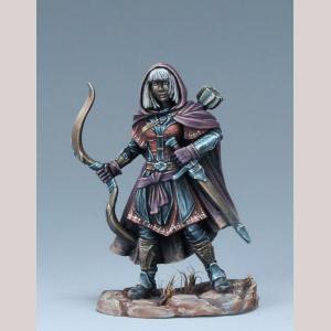 A female human ranger standing still. She wears a neat robe that stops just above her knees, trousers and a pair of calf high leather boots. She also wears a three quarter length cloak with the hood covering her head. One hand holds her bow at waist height. Her other hand rests on the hilt of the sheathed sword by her side.