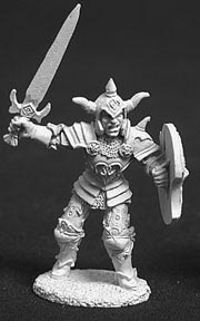 A male human anti-paladin advancing. He is wearing full plate armour with a horned helmet protecting his head. In one raised hand he holds a sword up ready to strike. In the other he holds an ornately decorated shield. The shield is round with semi circular cut outs on two sides.