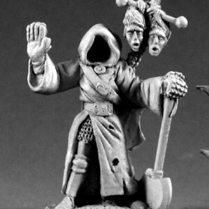 An undead ghost. Plate armour is shown on its legs, but this is soon covered by a large loose fitting robe. The hood of the robe is empty. On its back it carries a shield and a short banner pole with two severed heads hanging from it. One of its chainmail covered hands rests on the end of the handle of a large double bladed battleaxe. The other is outstretched with the palm raised in a stop gesture.