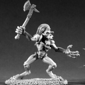 A bakarathi demon advancing. It's mouth is open as if howling. In its raised hand it holds a single bladed axe. Its other hand is open and grasping forward.