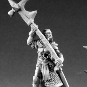An undead skeletal warrior. It is wearing full plate armour and a long chainmail skirt. It has a helmet to protect its skull and a sheathed sword is attached to its belt. Using both boney hands it holds aloft a huge scythe. The weapon head also features a striking face on the other side, and three cross facing spikes.
