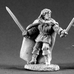 A male human fighter wearing fine robes and a floor length cloak. In one hand he holds an upward facing long sword. In the other an upward facing short sword. Unpainted metal RPG tabletop gaming miniature.