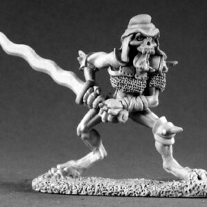A bakarathi demon in an attacking stance. It is wearing an open face helmet, a piece of chainmail around its chest, and a pointed metal knee guard. Using both hands it holds a great wavey bladed sword, pointing upwards behind it.