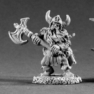 A male dwarf fighter wearing a horned helmet and calf length cloak. Using both hands he holds a long handled single bladed axe across his body. Unpainted metal RPG tabletop gaming miniature.