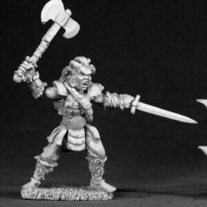 A male vampire wearing partial plate armour and holding a double headed axe above his head. His other hand holds a sword, pointing towards a foe. Unpainted metal RPG tabletop gaming miniature.