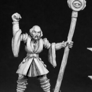 A standing male human wizard dressed in short robes with long sleeves. One arm is raised above his head with it's fist clenched in defiance. The other hand holds a tall staff topped with an ete and flame motif. Unpainted metal RPG tabletop gaming miniature.