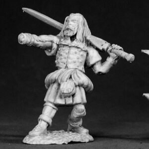 A male human fighter holding a great sword with one hand over his shoulder. He has banded armour over his chest and wears a kilt with sporran. He is pointing the way with his other arm, which is missing it's hand. Unpainted metal RPG tabletop gaming miniature.