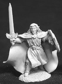 A male undead vampire wearing plate armour with a cloth tabbard over the top. He wears a floor length billowing cloak and holds an upright sword in one hand. In his other hand he holds a metal shield with a griffon rampant motif on its front.
