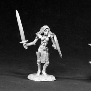A female human fighter wearing a metal chestplate. Her midriff is bare but she has a long chainmail loin piece, and thigh high armoured leggings. In one hand she holds an upright long sword, and in the other a metal shield.