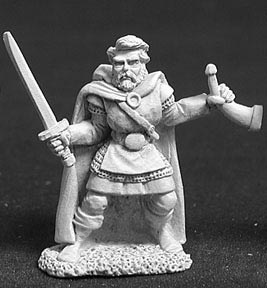 A standing bearded male human ranger. He wears short robes with a chainmail vest over them. Over that he wears a cloth tabbard. He has a floor lengh cloak and holds a warhorn in one hand. In the other he holds an upright sword.