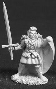 A bearded standing male human fighter. He wears short, expensive robes, high legged boots and a large floor length cloak. In one hand he holds an upright great sword with a long blade. His other hand is holding onto a corner of his cloak.