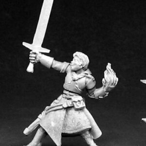A young male human wizard. He is dressed in functional knee length robes. In his raised hand in front of him he holds an upright broadsword. His other hand is behind him and holds a fireball waiting to be thrown.
