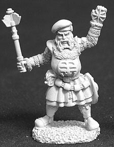 A large male human with a full beard and a big belly. He wears short robes with heavy calf height boots. In one hand he holds an upright mace. In the other he holds a holy symbol at head height. He wears a beret type hat on his head.