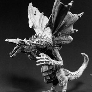 A large winged dragon standing upright on its hind legs. Its mouth is open, both wings are spread out and it's arms are outstretched.