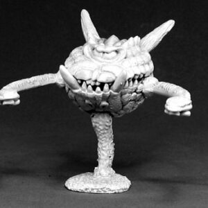 A floating eye beast with a large fanged mouth and two side tentacles. It's body is roughly circular with a large central eye looking forward.