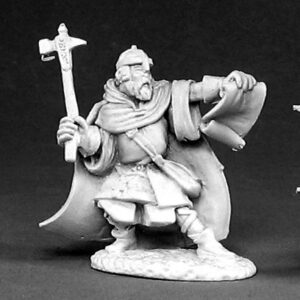A male human cleric wearing three quarter length robes and stout leather boots. He wears a floor length cloak on his back. He is leaning on his back leg while holding out an open scroll in front of him. In his other hand he holds an upright warhammer ready to strike.