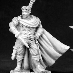 A standing well built male human assassin. he wears a jacket, gauntlets, trousers and leather boots. A cloak billows gently on his back along side a sheathed long sword. In one hand he holds a dagger in front of his body. His other hand rests on the hilt of another dagger, at his side.