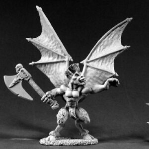 A large winged demon with cloven hoof feet and clawed hands. A pair of tall bat like wings sprout from his back. In one hand he holds a large long bearded axe. His other arm is reaching out toward something.