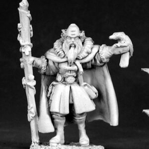 An imposing male bearded human wizard standing still. He is dressed in fine robes and wears a thick three quarter length cloak. In one hand he holds an ornate staff. On his other outstretched arm, a bird sits on his hand.