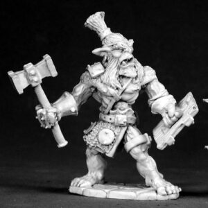 A muscular bugbear chieftain wearing a variety of armour scraps. He has gauntlets for each hand and his head hair is bound into a stiff upward pointing ponytail. In one hand he holds a large, square ended warhammer. In the other he had a square wooden shield with metal banding.