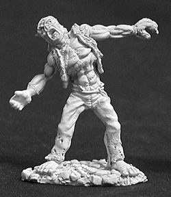 A flesh golem staggering along with it's mouth open. It wears a pair of ragged trousers and the tattered remains of a sleeveless jacket. Both his arms are outstretched.