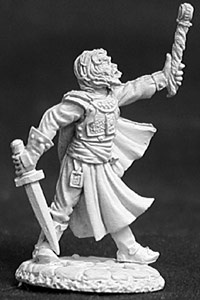 A male human cleric dressed in tunic, trousers and calf high boots. One arm is outstretched in from of him and defiantly holds a holy symbol. His other hand holds a downward pointing short sword. He wears a waist length cape on his back.