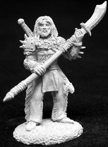 A standing male human anti-paladin with a full beard and long hair. He is wearing cloth trousers and regular boots. On one shoulder he has spiked shoulder armour. On one arm he wears a metal forearm cuff, again with spikes on it. He carries a sheathed long sword across his back. He holds a long pole arm diagonally across his body with both hands. One end of the pole arm is pointed, the other ends in a wide curved blade.
